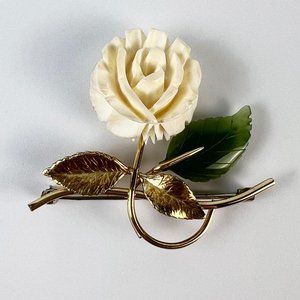 Vintage Krementz 1960s Carved Jade Leaves Rose Flower Gold Overlay Brooch Pin